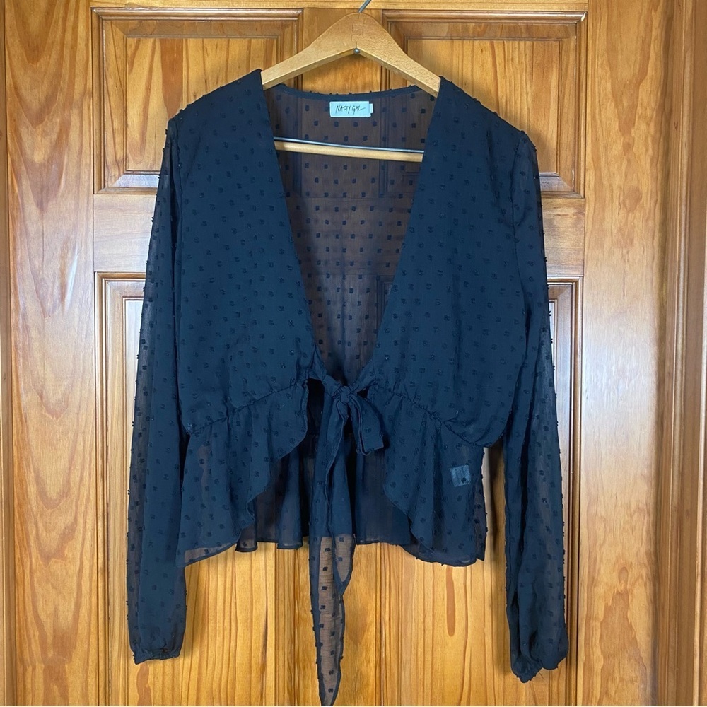 Nasty Gal Black Swiss Dot Sheer Tie Front Long Sleeve Crop Peplum Blouse